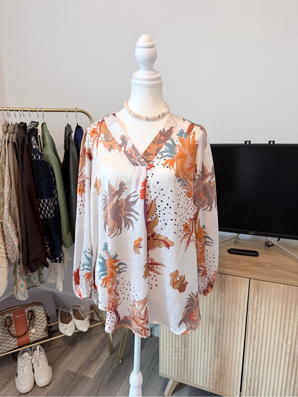 Floral V-Neck Long Sleeve Blouse in Cream and Burnt Orange